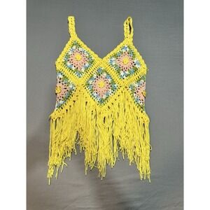 Wowo Granny Square Crochet Fringe Top Yellow M